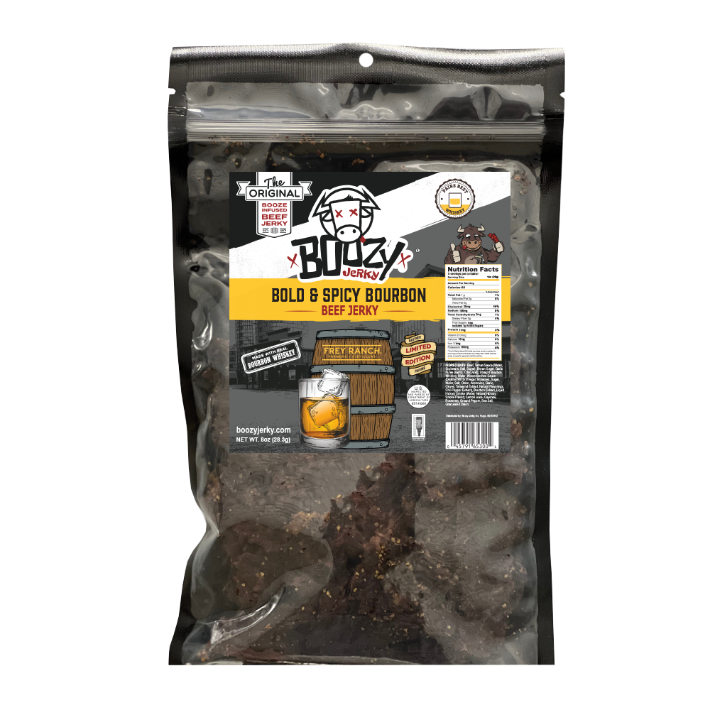 Tender 8oz Bold & Spicy Bourbon Boozy Jerky, slow-cooked brisket infused with Frey Ranch Bourbon, featuring a rich, smoky glaze and bold, spicy finish. The ultimate whiskey lover’s snack.