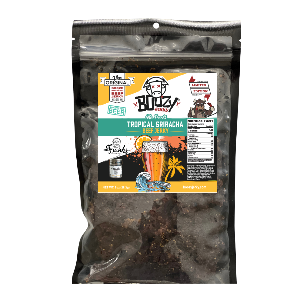 Tender brisket jerky infused with Island Hazy IPA, featuring a tropical blend of mango, coconut, and fiery Sriracha seasoning for the perfect balance of sweet and spicy flavors. A must-try limited edition jerky experience!