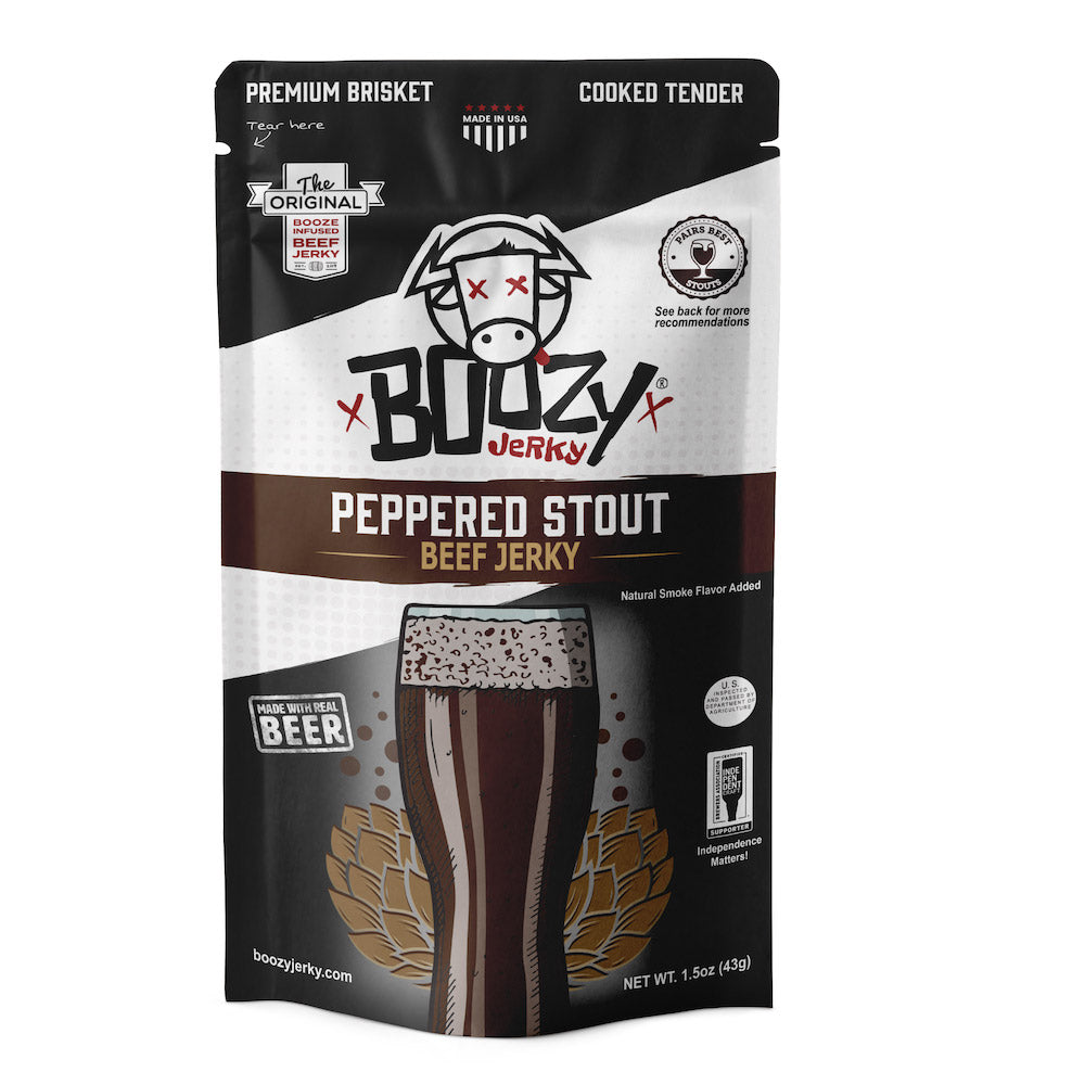 "Peppered Stout Brisket Jerky – Rich, tender brisket jerky infused with bold stout beer and cracked black pepper. A hearty, high-protein snack that pairs perfectly with Stouts, Porters, and Red Ales."