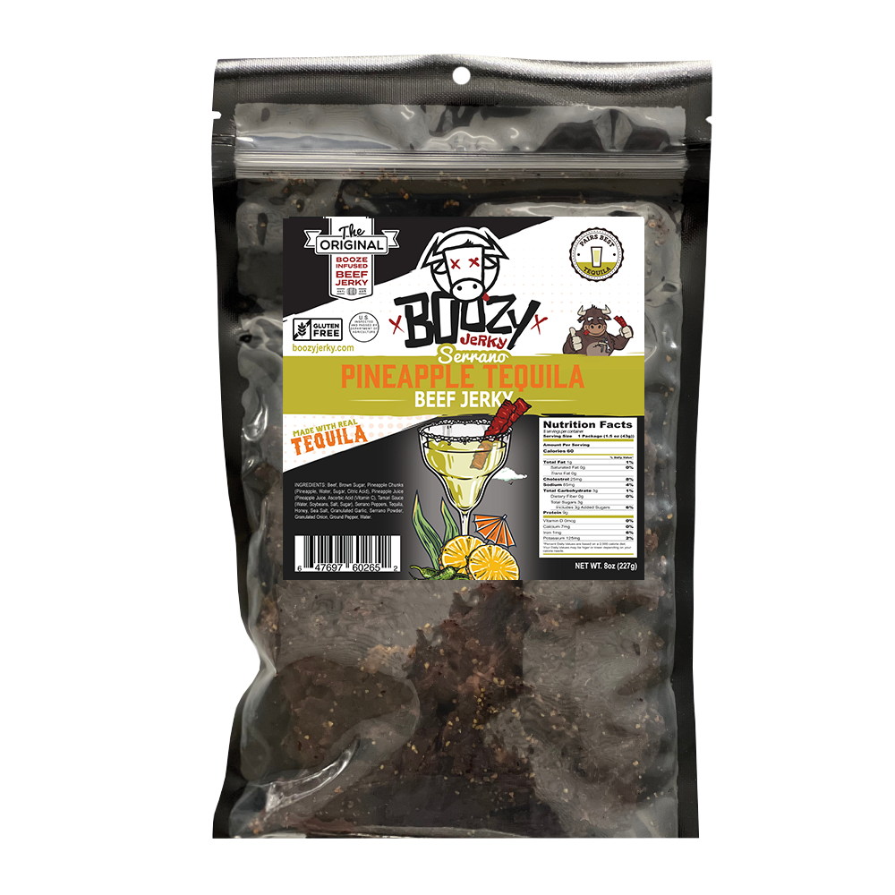 Tender brisket jerky infused with tequila, marinated in sweet pineapple and spicy serrano peppers, delivering the perfect balance of heat and tropical sweetness—a must-have snack for tequila lovers!