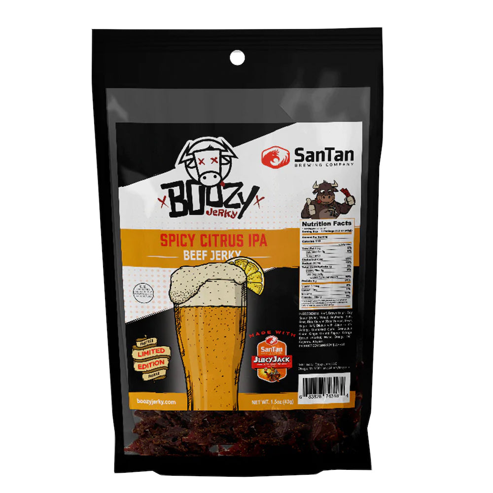 "Limited Edition Spicy Citrus IPA Brisket Jerky – Tender, beer-infused jerky made with Juicy Jack Hazy IPA from San Tan Brewing in Chandler, AZ. A bold citrusy snack with no red pepper flakes, perfect for beer lovers."