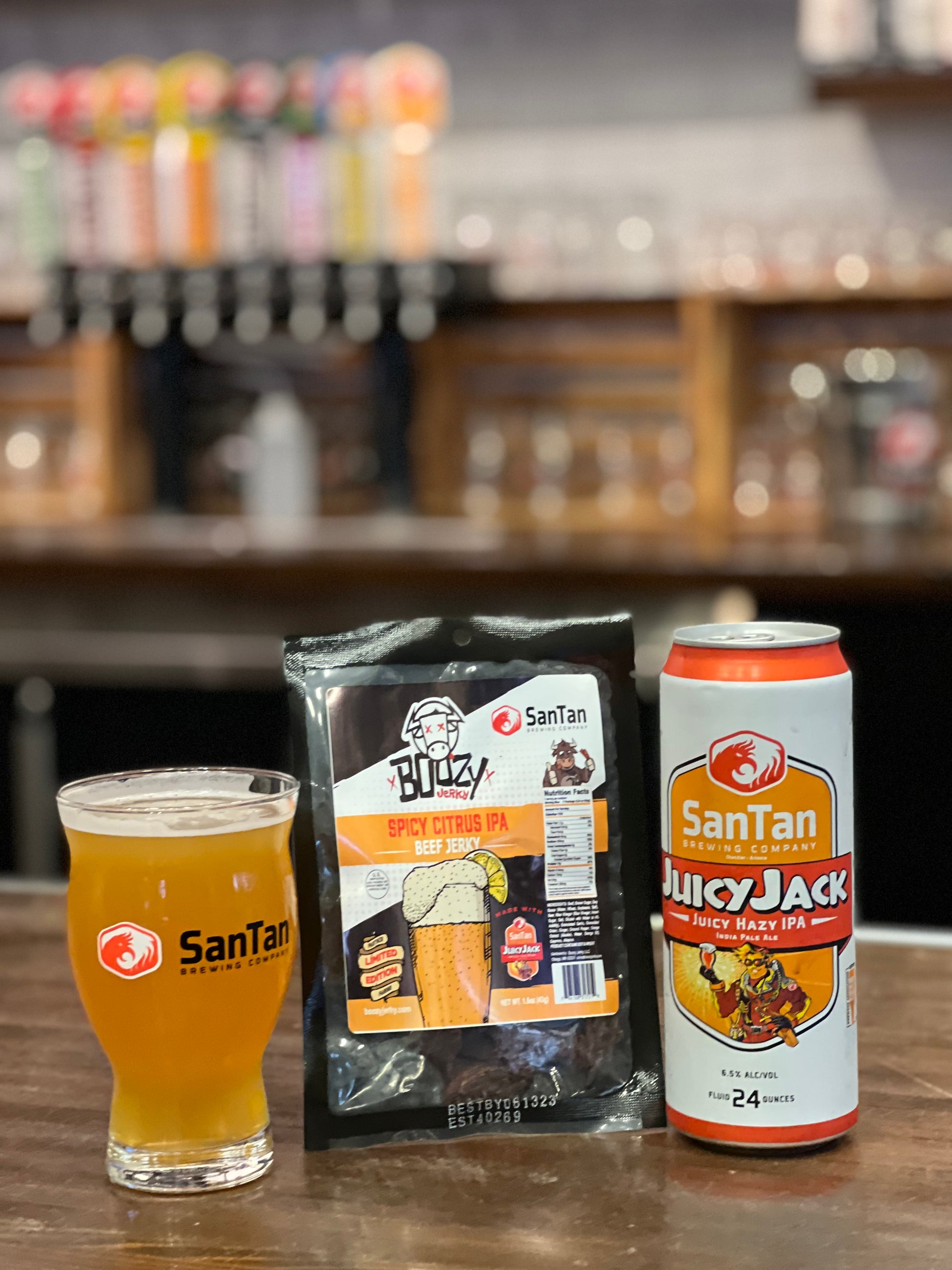 "Limited Edition Spicy Citrus IPA Brisket Jerky – Tender, beer-infused jerky made with Juicy Jack Hazy IPA from San Tan Brewing in Chandler, AZ. A bold citrusy snack with no red pepper flakes, perfect for beer lovers."